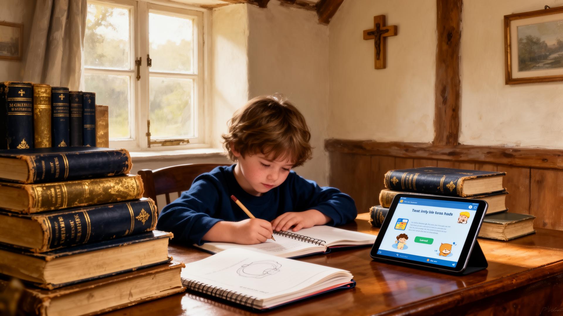 A young student studying classical books at home